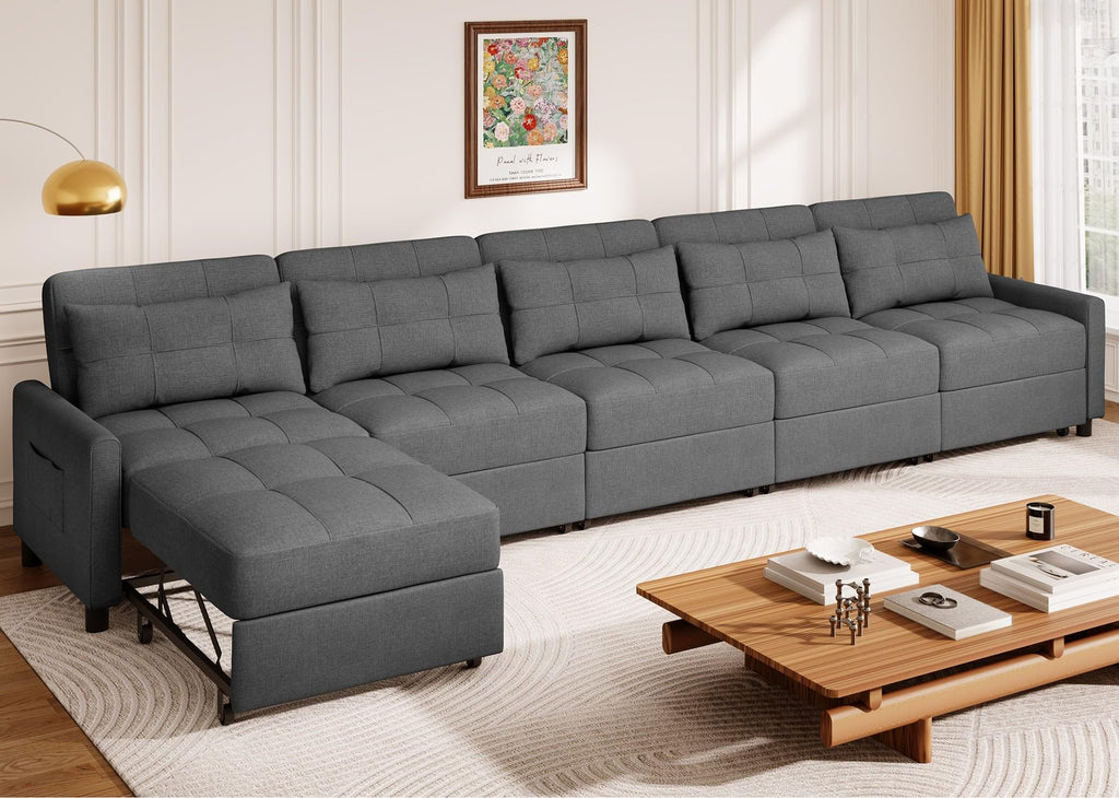 Aiho Sectional Sleeper Sofa, 84 Inch Pull Out Couch with Adjustment Backrest & Ottoman, Convertible Sectional Couch Bed for Living Room, Guest Room, Dark Grey