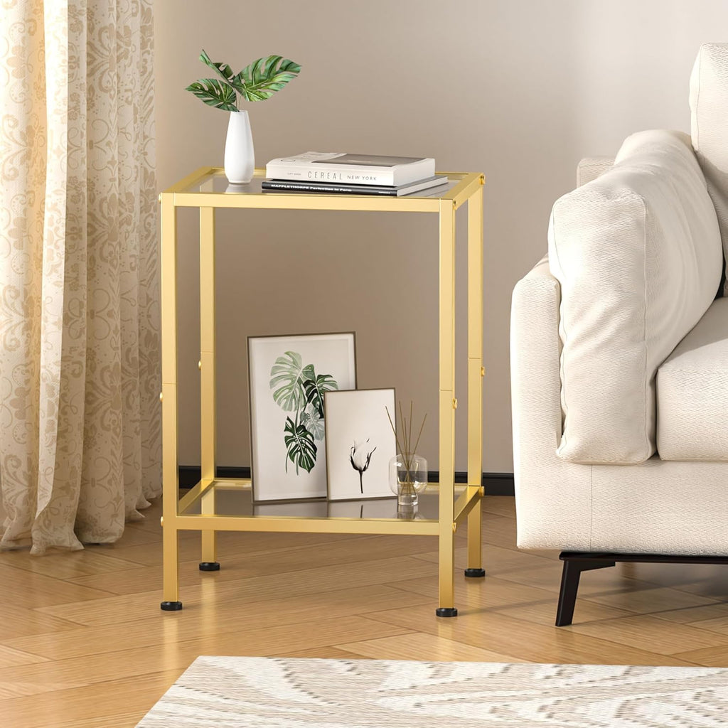 Gold Side Table, Tempered Glass End Table, 2-Tier Nightstands with Open Shelves, Small Coffee Table with Modern Style, Accent Table Small Table Sofa Table for Living Room, Bedroom