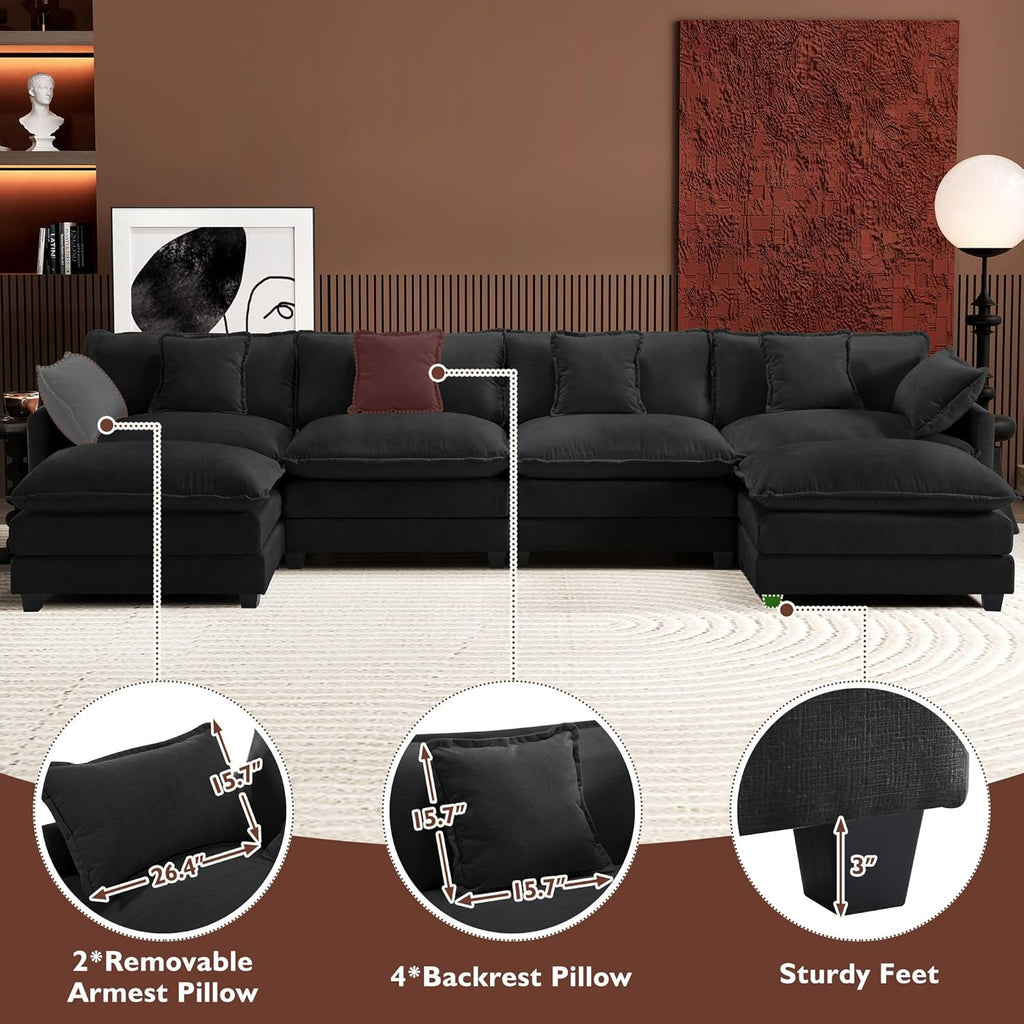 Ihanherry 146" U-Shaped Modern Sofa Modular Sectional Cloud Couch with 2 Ottoman, 6-Seat Chenille Deep Seat Sofa with 6 Pillows for Living Room, Bedroom and Apartment, Black