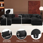 Ihanherry 146" U-Shaped Modern Sofa Modular Sectional Cloud Couch with 2 Ottoman, 6-Seat Chenille Deep Seat Sofa with 6 Pillows for Living Room, Bedroom and Apartment, Black