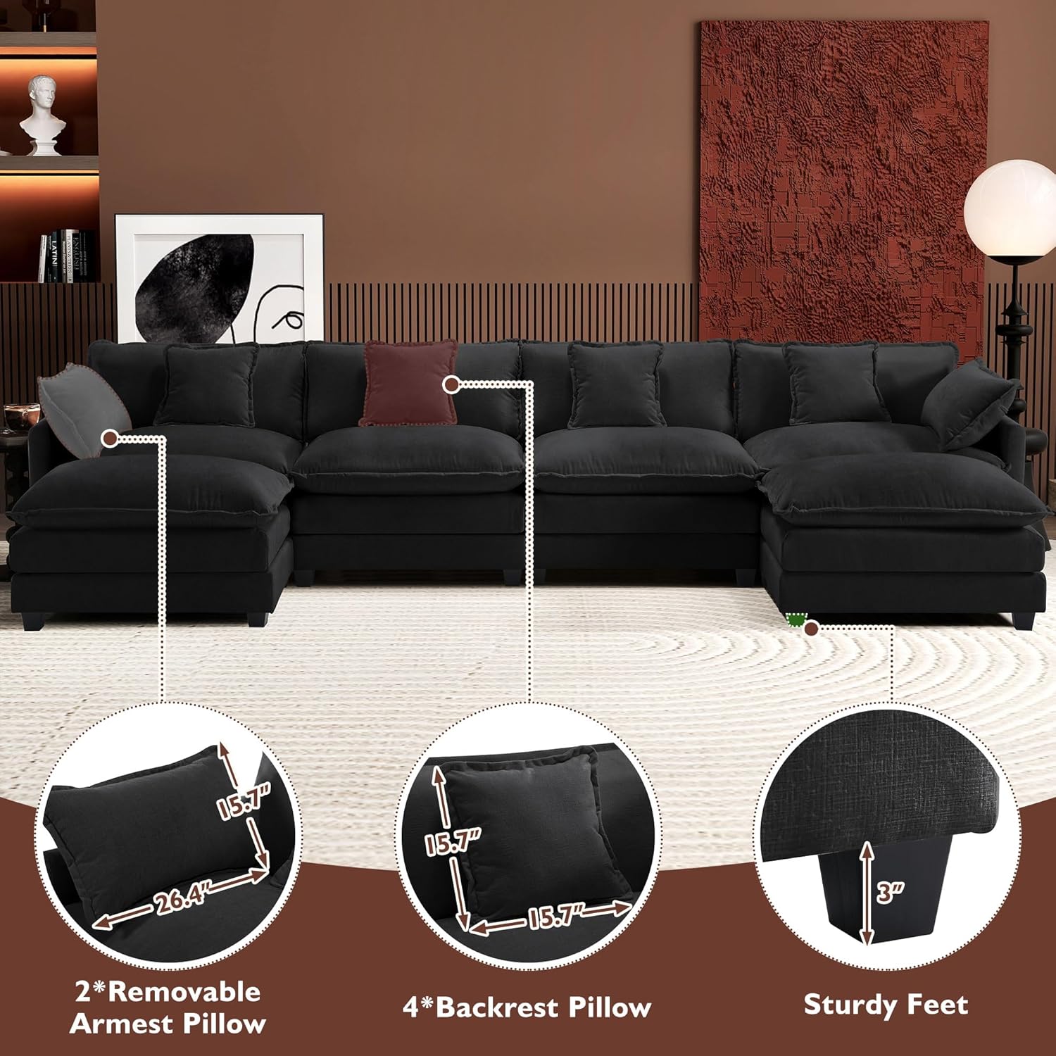 Ihanherry 146" U-Shaped Modern Sofa Modular Sectional Cloud Couch with 2 Ottoman, 6-Seat Chenille Deep Seat Sofa with 6 Pillows for Living Room, Bedroom and Apartment, Black