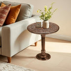 Wooden End Table for Living Room - 18x22 Burnt Finish Carved Side Table, Single Pillar Nightstand, Bedside Table for Books, Plants, Magazines, Small Space Accent Table