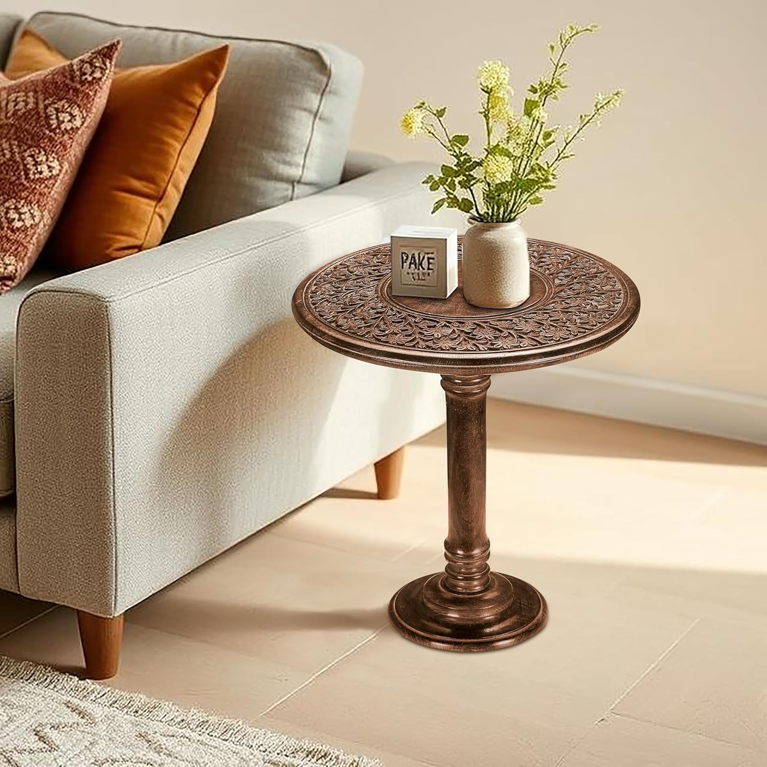 Wooden End Table for Living Room - 18x22 Burnt Finish Carved Side Table, Single Pillar Nightstand, Bedside Table for Books, Plants, Magazines, Small Space Accent Table