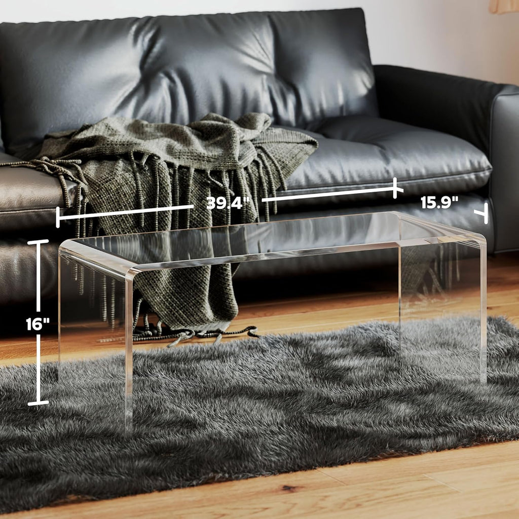 HOMCOM 0.6" Thick Acrylic Coffee Table, 39.25" Long Rectangle Waterfall Coffee Table, Clear