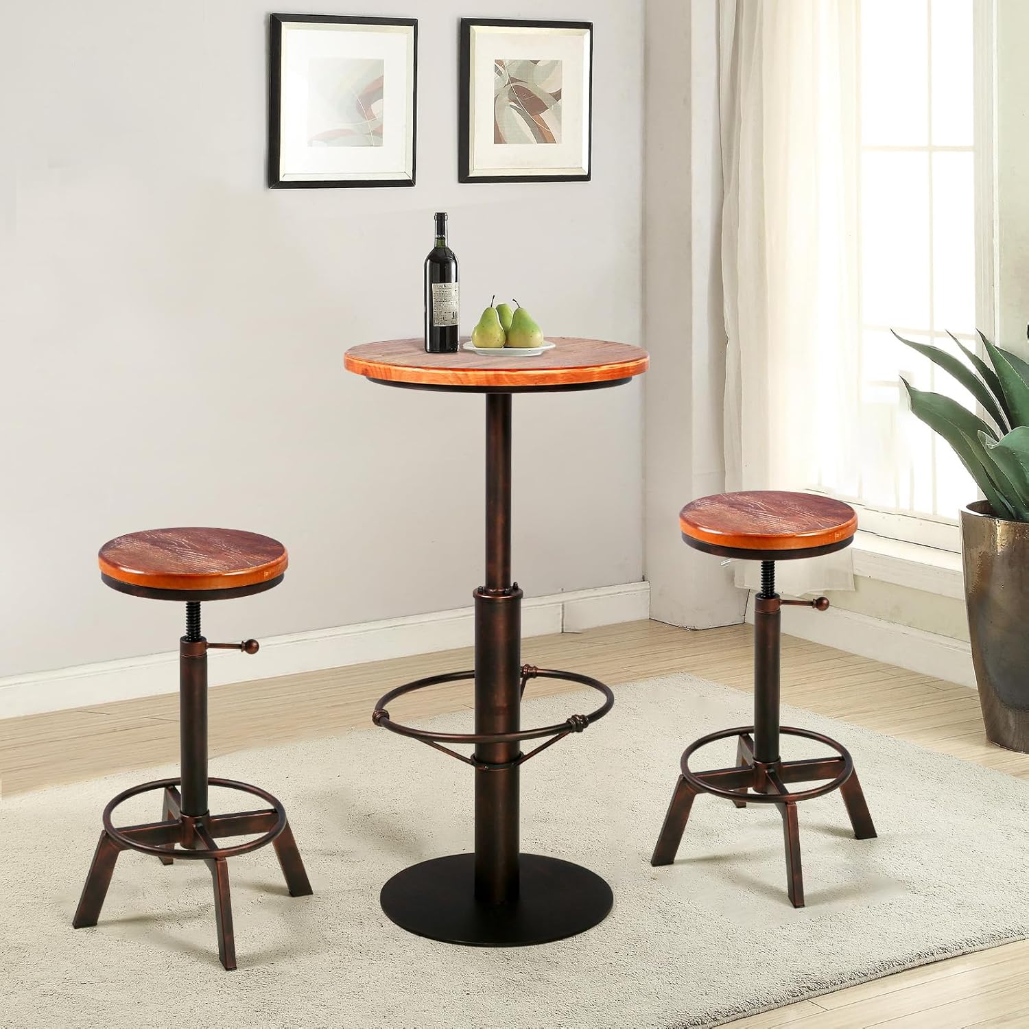 Topower Industrial Pub Table 19.7" Round Solid Pine Wood Top 42.2" Height Bar Table with Metal Base, Tall Pub Table for Kitchen, Dining Room, Coffee Shop, Copper