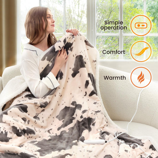 Heated Throw Blanket Electric Blanket - Heating Blanket Throw with 5 Heat Levels & 4 Hours Auto-Off, Cozy Soft Fleece Sherpa Blanket, Washable, Fast Heating, 50 x 60 Inches, Cow Print