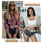 SANSTHS Women Rhinestone Belt for Jeans, Western Cowgirl Bling Studded Belt Faux Crocodile Grain Leather, Red S