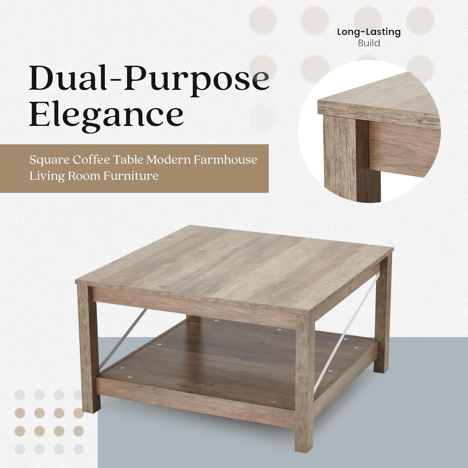 JOMEED 31.5 Inch Square Coffee Table with Bottom Storage Shelf, Modern Farmhouse Style Living Room Office Accent Table Furniture, Beige