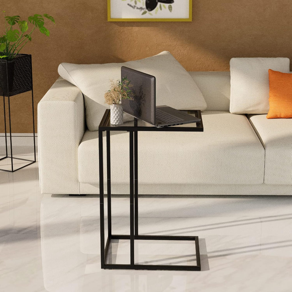 C Table Glass End Table, Couch Side Table, Tempered Glass Snack Side Table with Metal Frame, TV Tray Table for Small Space, Sofa Couch Side Tableand Bed Side Table(Black)
