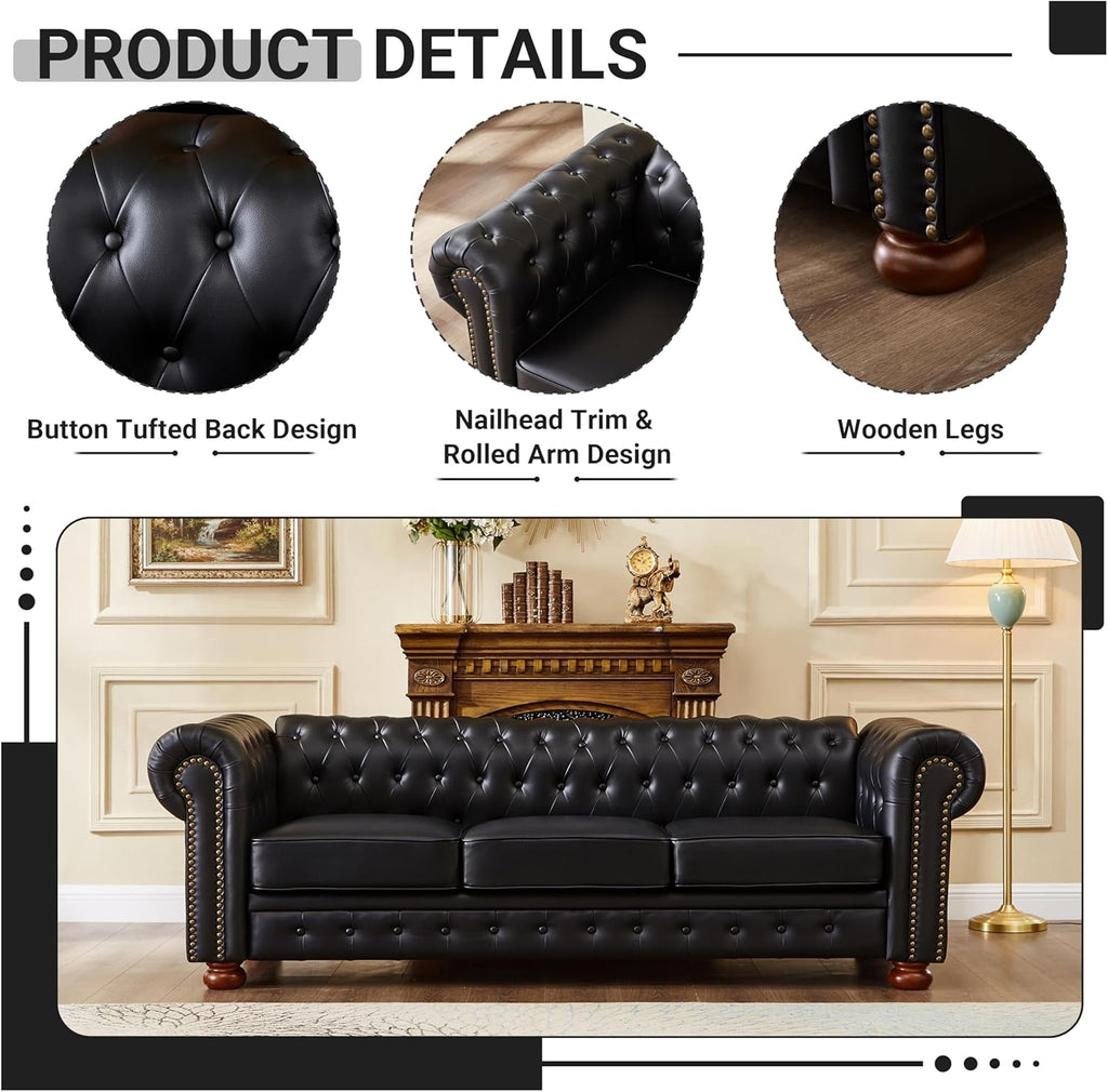 Chesterfield Leather Sofa, 89" Mid Century Modern Couch with Low Back, Roll Arm Nailhead Trim Classic 3 Seater Couch for Living Room, Office, Apartment, PU Black
