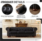 Chesterfield Leather Sofa, 89" Mid Century Modern Couch with Low Back, Roll Arm Nailhead Trim Classic 3 Seater Couch for Living Room, Office, Apartment, PU Black