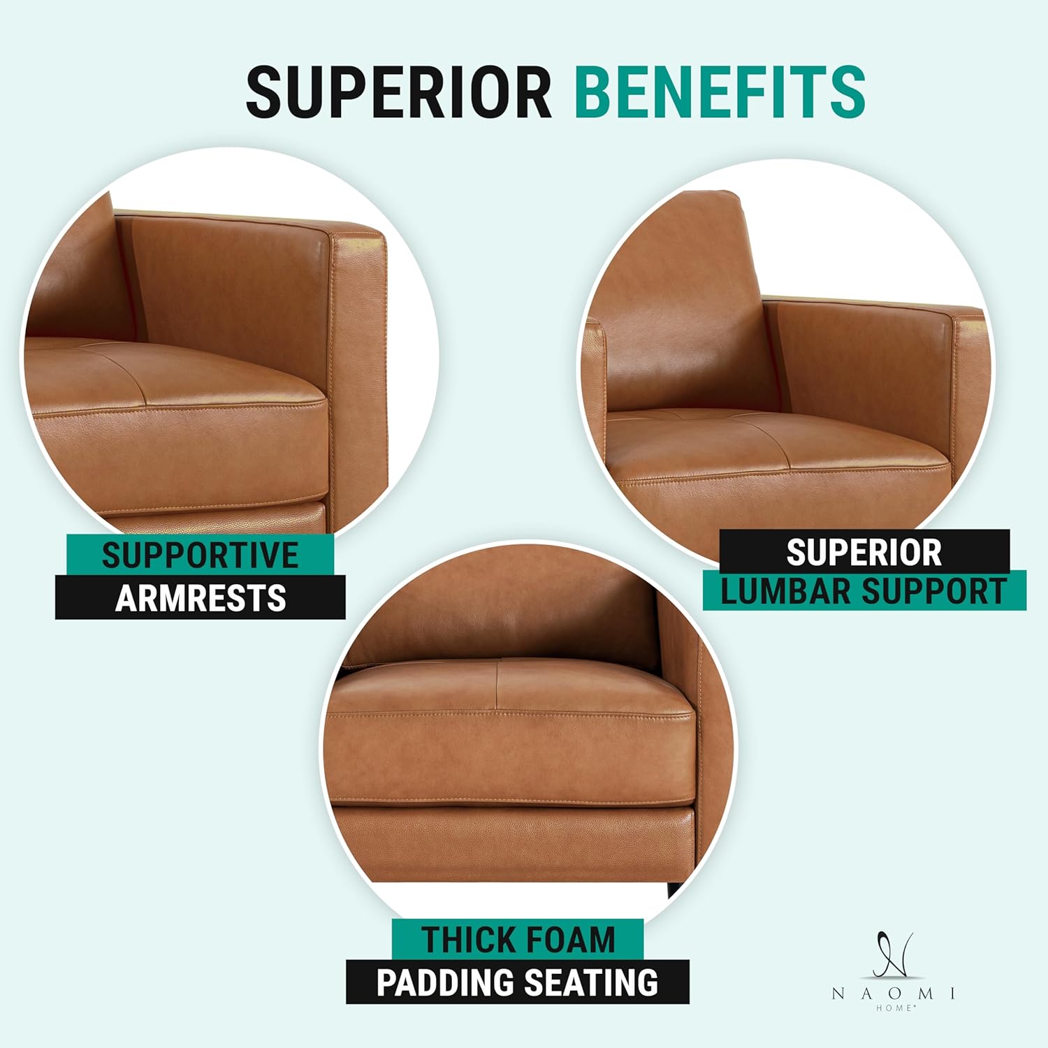 Naomi Home Marisa Genuine Leather 3 Piece Sofa Set - Revel in Exquisite Leather Opulence - Unparalleled Luxury Mid-Century 3 Piece Sofa Set- Embodiment of Cozy Lounging,Contemporary Design,Tan