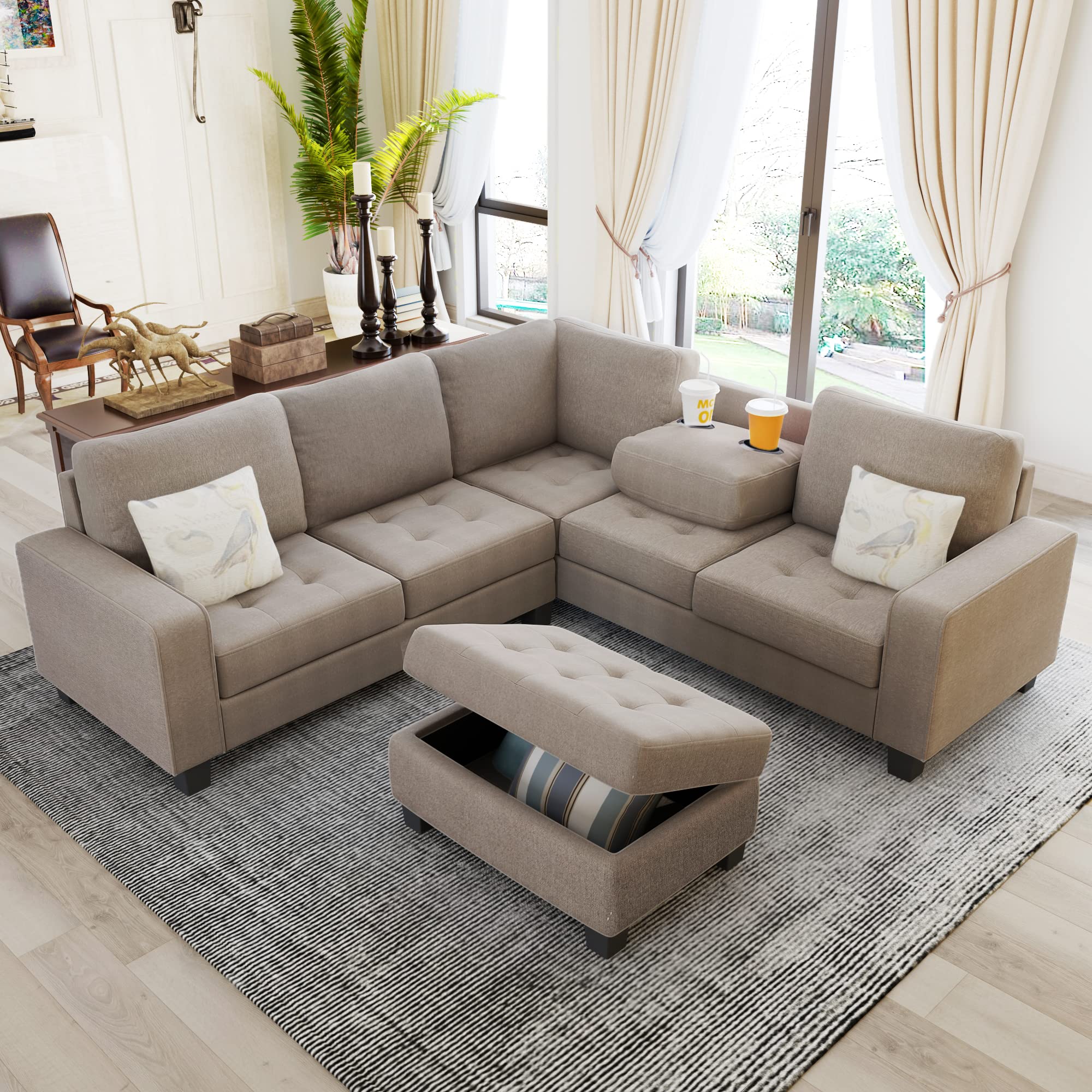 L-Shaped Oversized Reversible Sectional Sofa Couch with Drop-down Cupholders ,Modern Living Room 6 Seaters Corner Tufted Upholstered Sofa&Couch W/Reversible Chaise ,Storage Ottoman and Nailhead Decor