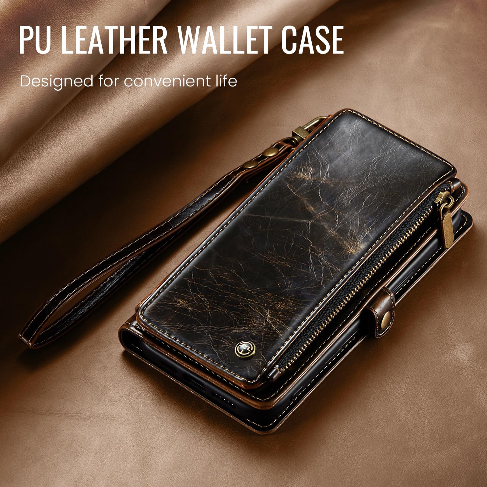 Defencase Compatible with iPhone 13 Pro Max Case Wallet with RFID Blocking Card Holder for Women Men, PU Leather Magnetic Snap Flip Zipper Strap Wallet Phone Case Fit for iPhone 13 Pro Max 6.7, Coffee