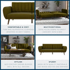 Novogratz Brittany 82 Inch Futon Sofa Bed in Faux Leather, Upholstered Couch Sleeper with Tufted Back, Mid-Century Modern Design, Green