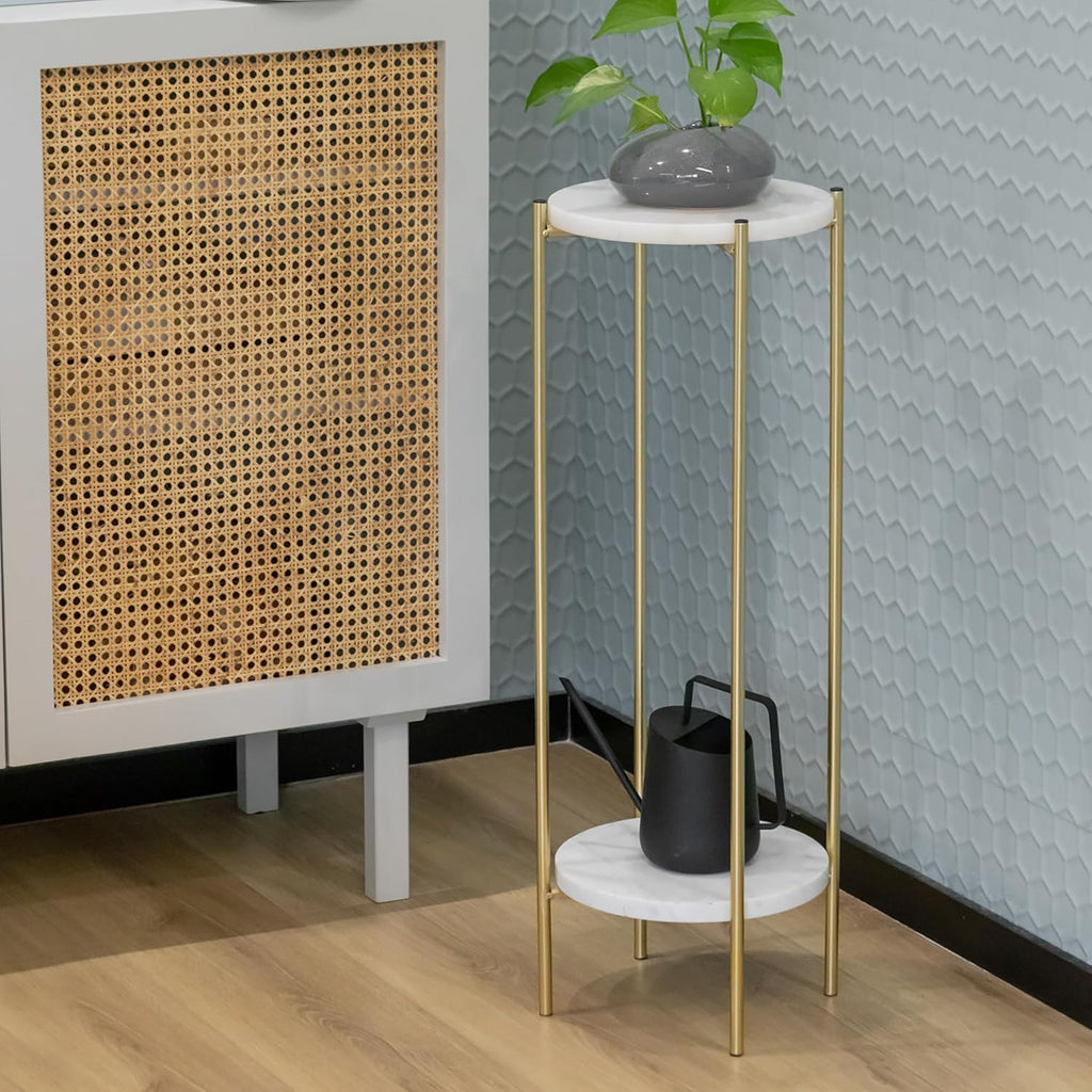 Metal Round 2 Tier Small Gold Side End Table with Real Natural Marble Top Plant Stands Modern Lightweiht Bedside Coffee Table for Living Room Bedroom Small Space White…