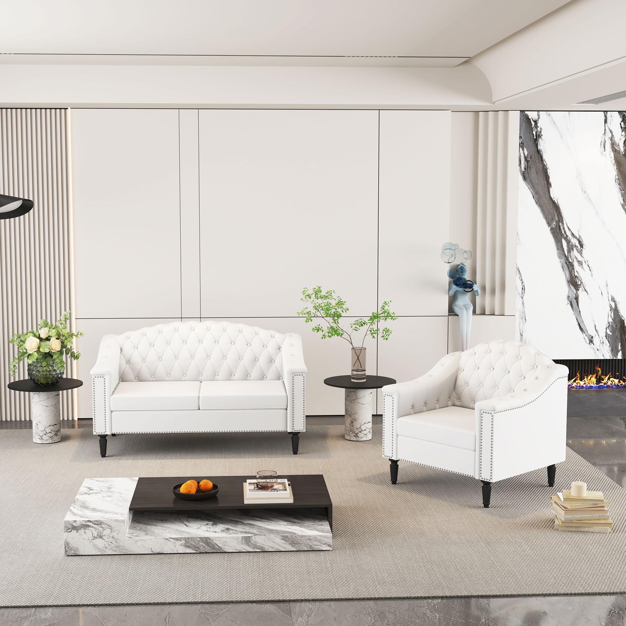 AVZEAR Chesterfield 3-Piece Living Room Sectional Sofa Set, Mid-Century Modern Upholstered PU Couch, Classic Tufted Button Sofa with Nailhead Trim for Living Room, Office (Brown)