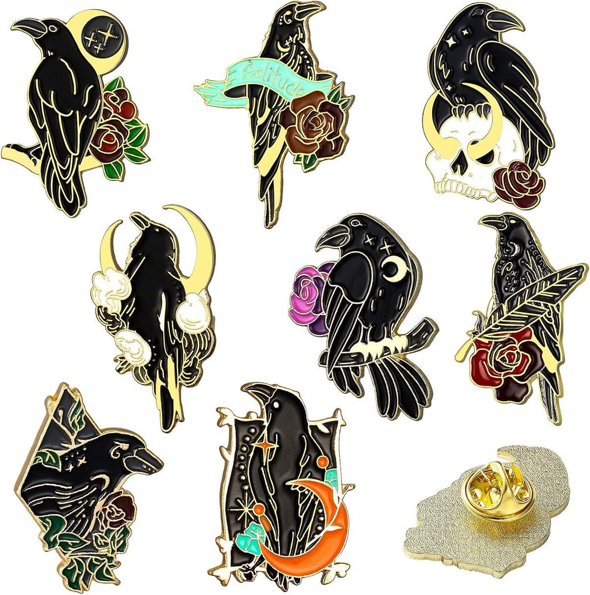 8 Pieces Crow Enamel Pins Set Rose Moon Lapel Anime Enamel Brooch Pins Aesthetic Gothic Badges for Women Backpack Denim Bag Jewelry Accessories