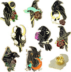 8 Pieces Crow Enamel Pins Set Rose Moon Lapel Anime Enamel Brooch Pins Aesthetic Gothic Badges for Women Backpack Denim Bag Jewelry Accessories