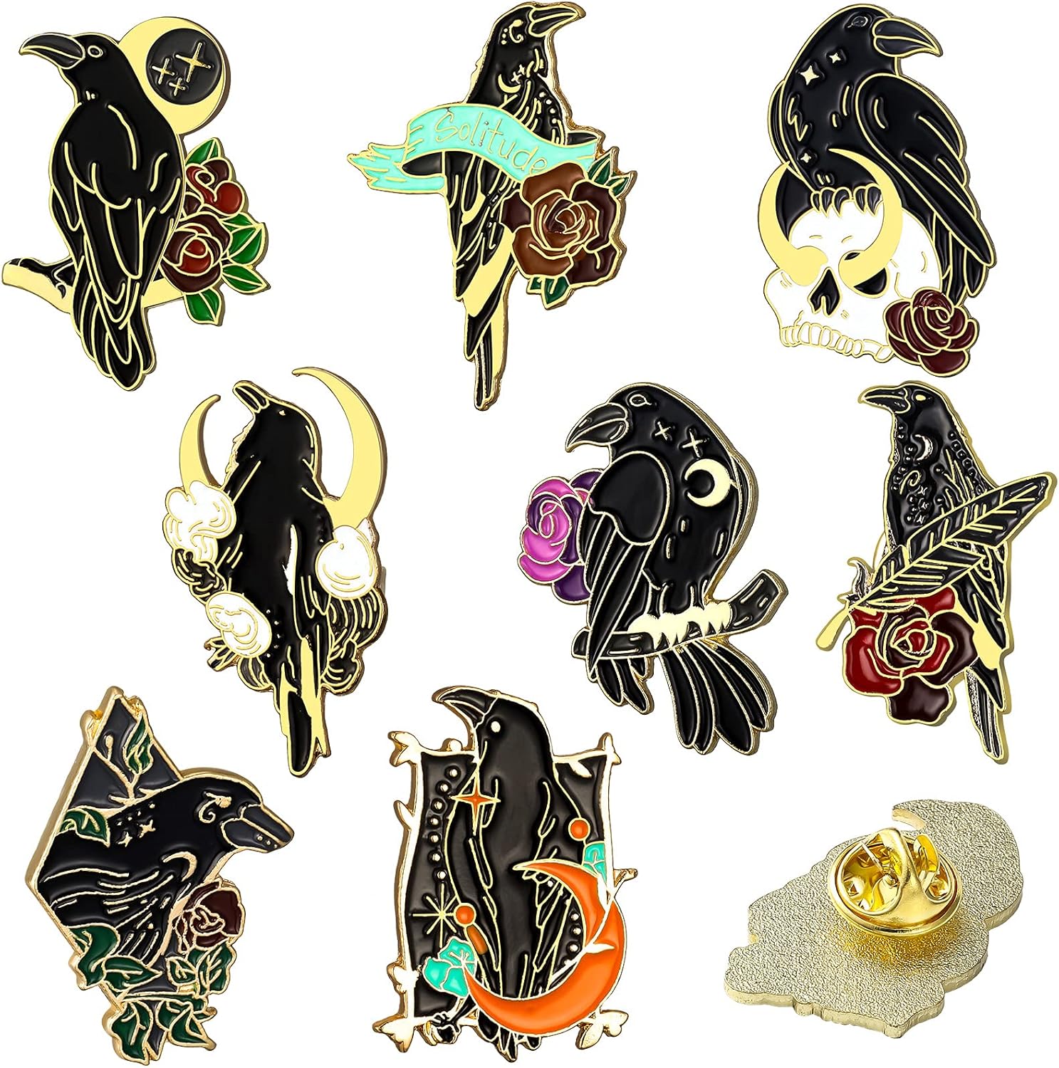 8 Pieces Crow Enamel Pins Set Rose Moon Lapel Anime Enamel Brooch Pins Aesthetic Gothic Badges for Women Backpack Denim Bag Jewelry Accessories