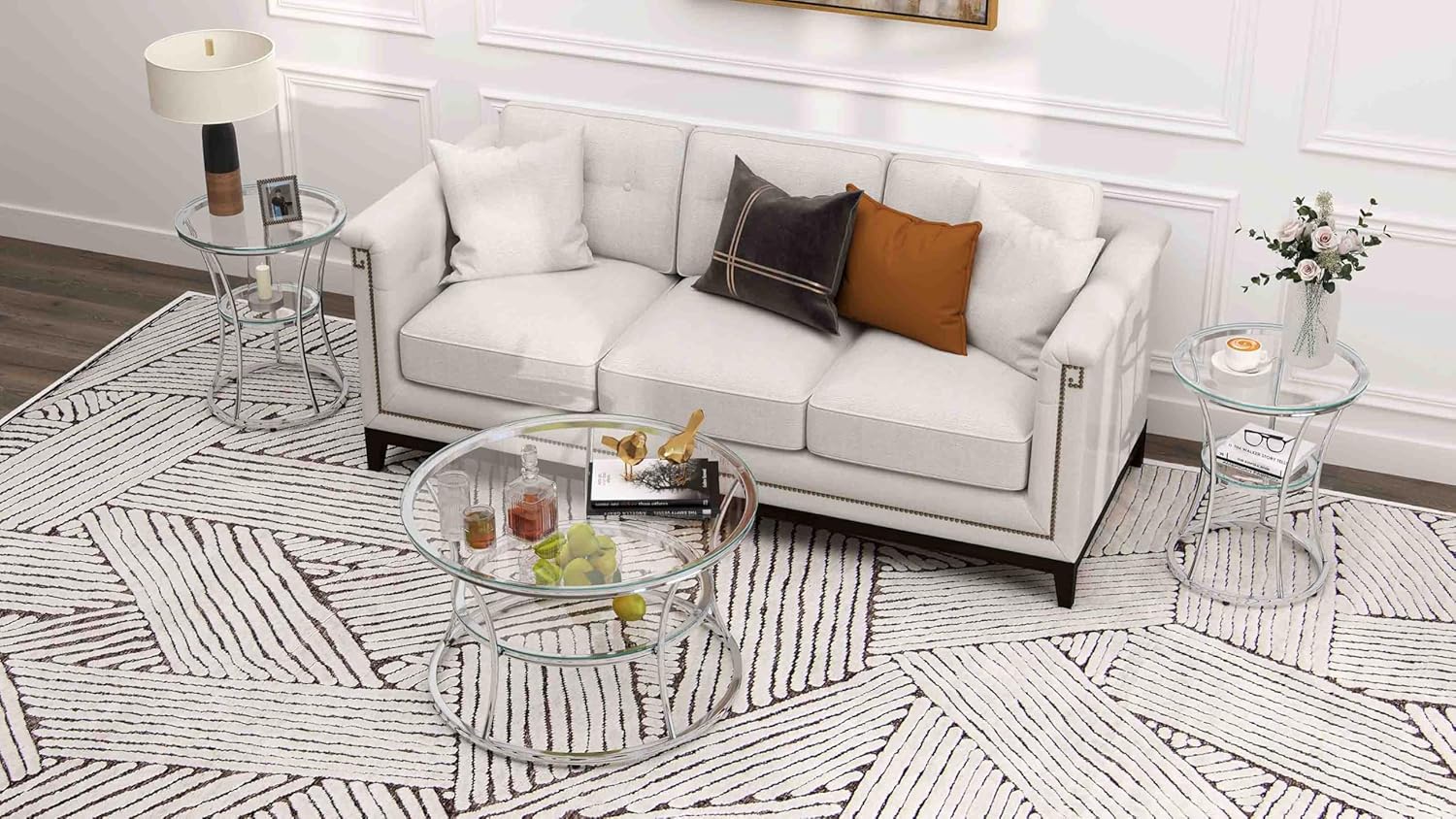 O&K FURNITURE Glass Coffee Table, 2-Tier Modern Living Room Table with Shelf, Tempered Glass & Chrome Frame, Silver Center Table for Living Room & Office, Chrome Finish, 1 PC