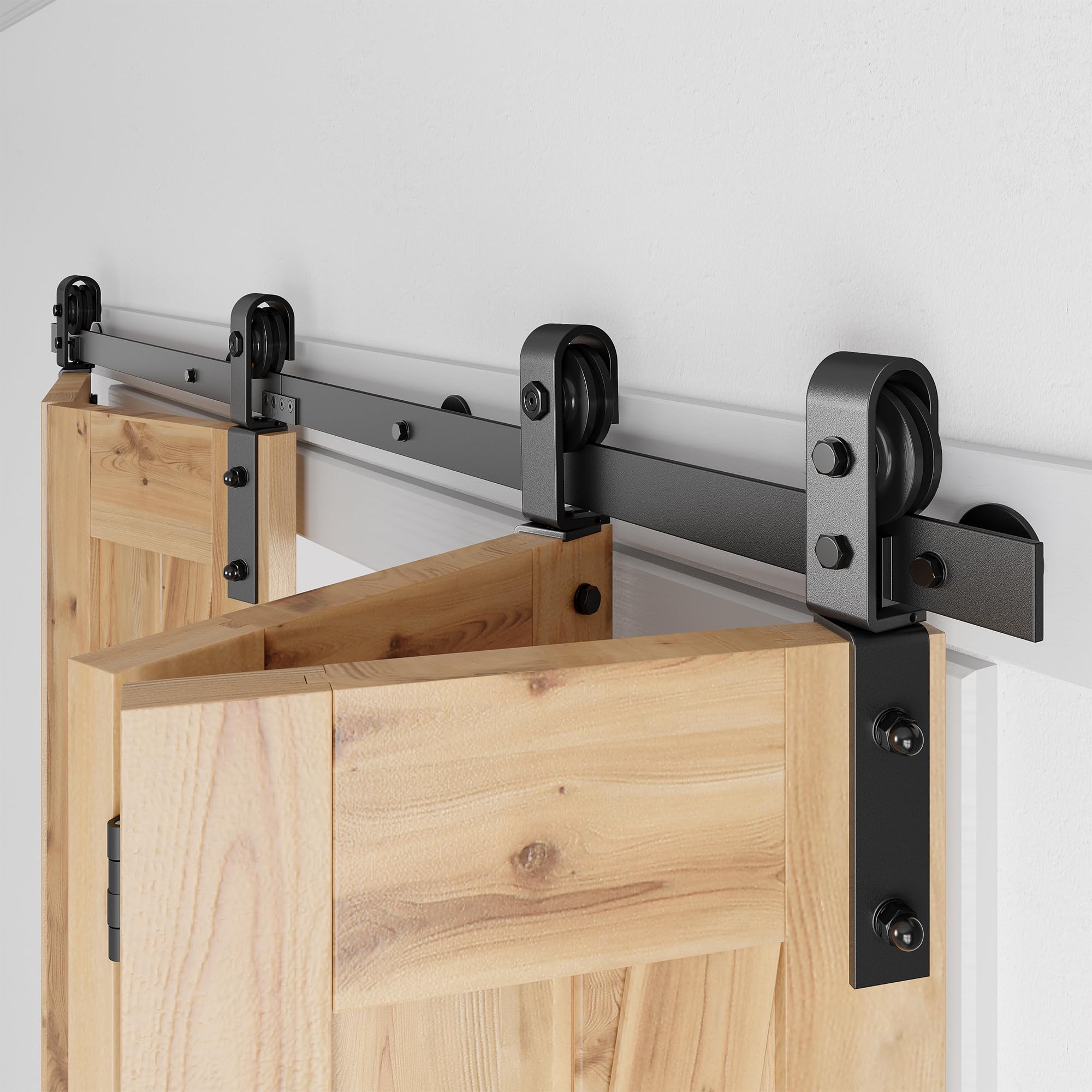 SMARTSTANDARD 5.3ft/64'' Bi-Folding Sliding Barn Door Hardware Kit, Bifold Barn Door Hardware Heavy Duty Sturdy Side Mounted for 4 Doors -Smoothly and Quietly-Easy to Install, Fit 60'' Door, No Doors