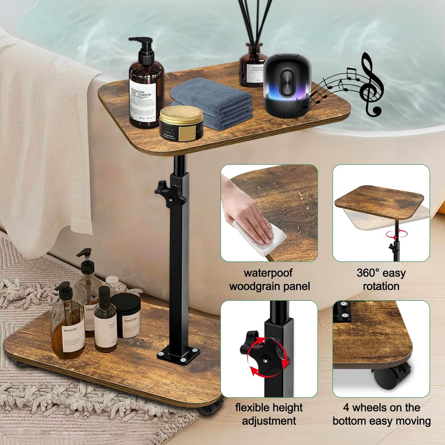 2-Tier TV Tray with Wheels, Adjustable Height & Angle, Wooden Side Table for Sofa – 360° Swivel C-Shaped End Table for Meals, Coffee, Snacks, Books & Tablets – Rustic Brown