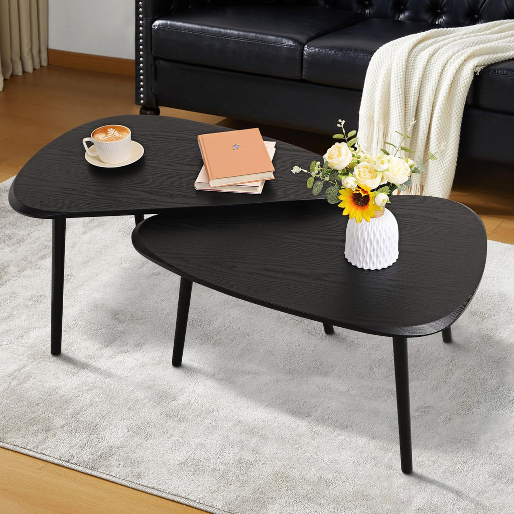 Black Nesting Coffee Tables Set of 2 End Bamboo Table for Living Room Bedroom Apartment Modern Industrial Simple Nightstand 32" D x 20" W x 18.5" H