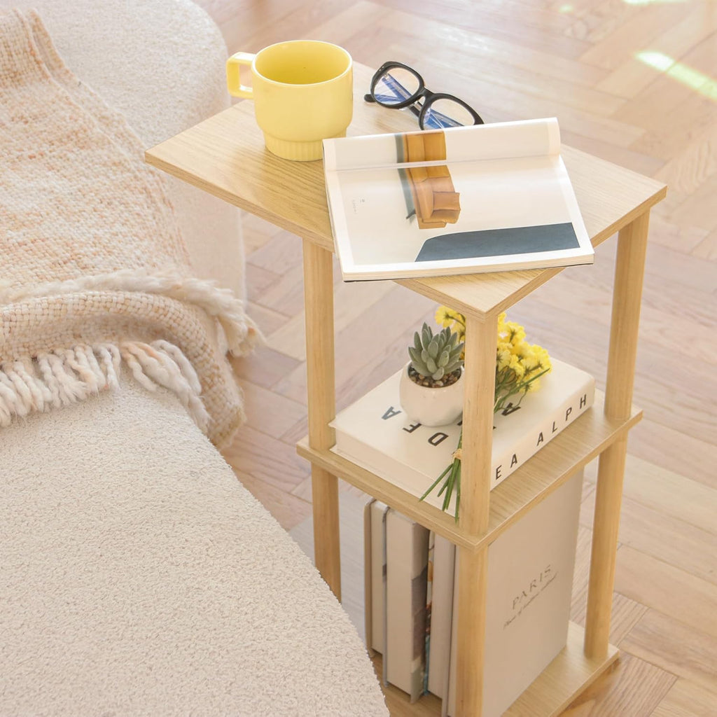 AWASEN C Shaped End Table, Small Side Table for Couch, 3-Tier Wood Sofa Table Coffee Table for Living Room, Small Space, Bedroom, Home Office, Easy Assembly, Natural