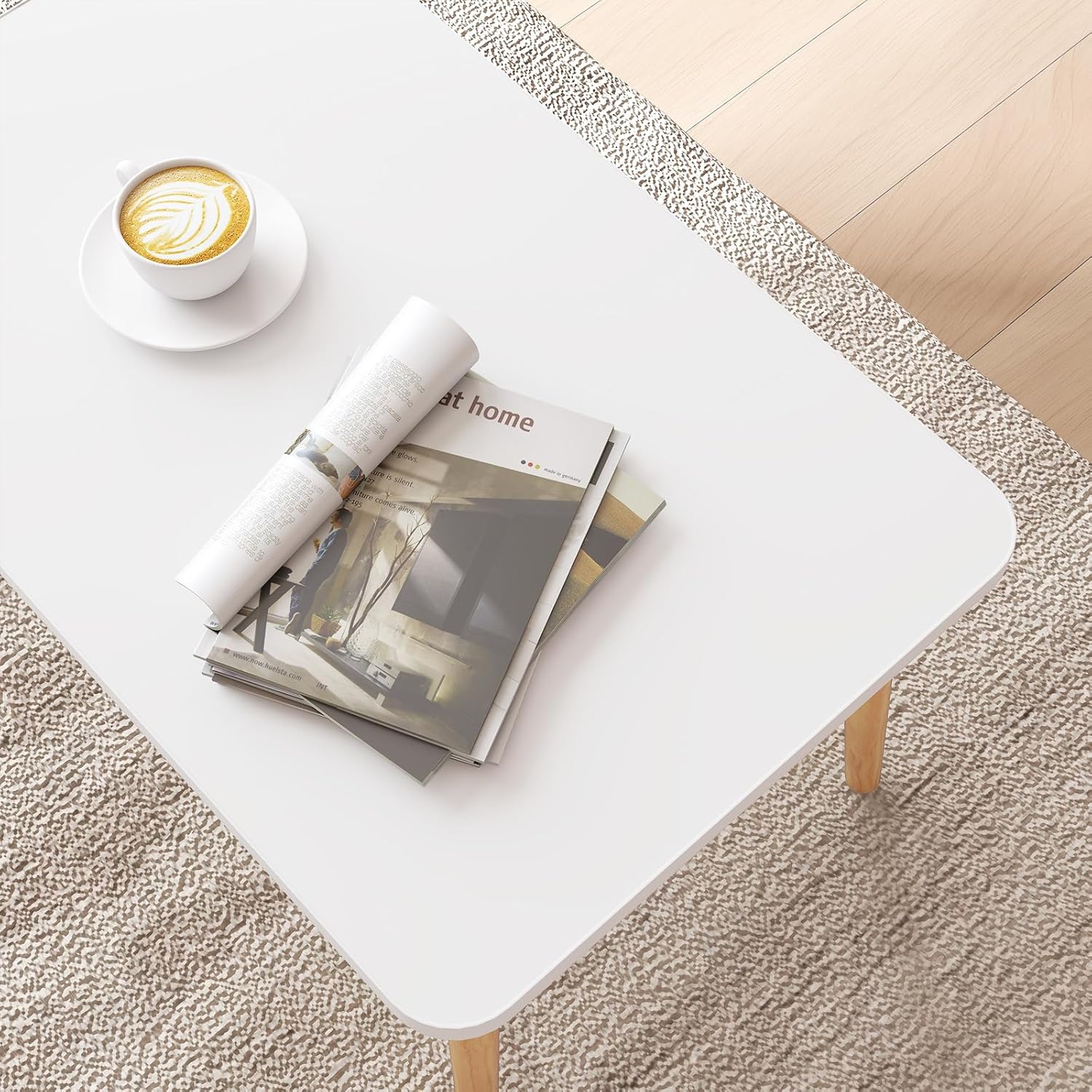 Square Coffee Table Low Table with 4 Solid Wood Sturdy Legs, Floor Table Desk for Sitting on The Floor, Storage and Living Room Furniture (White)