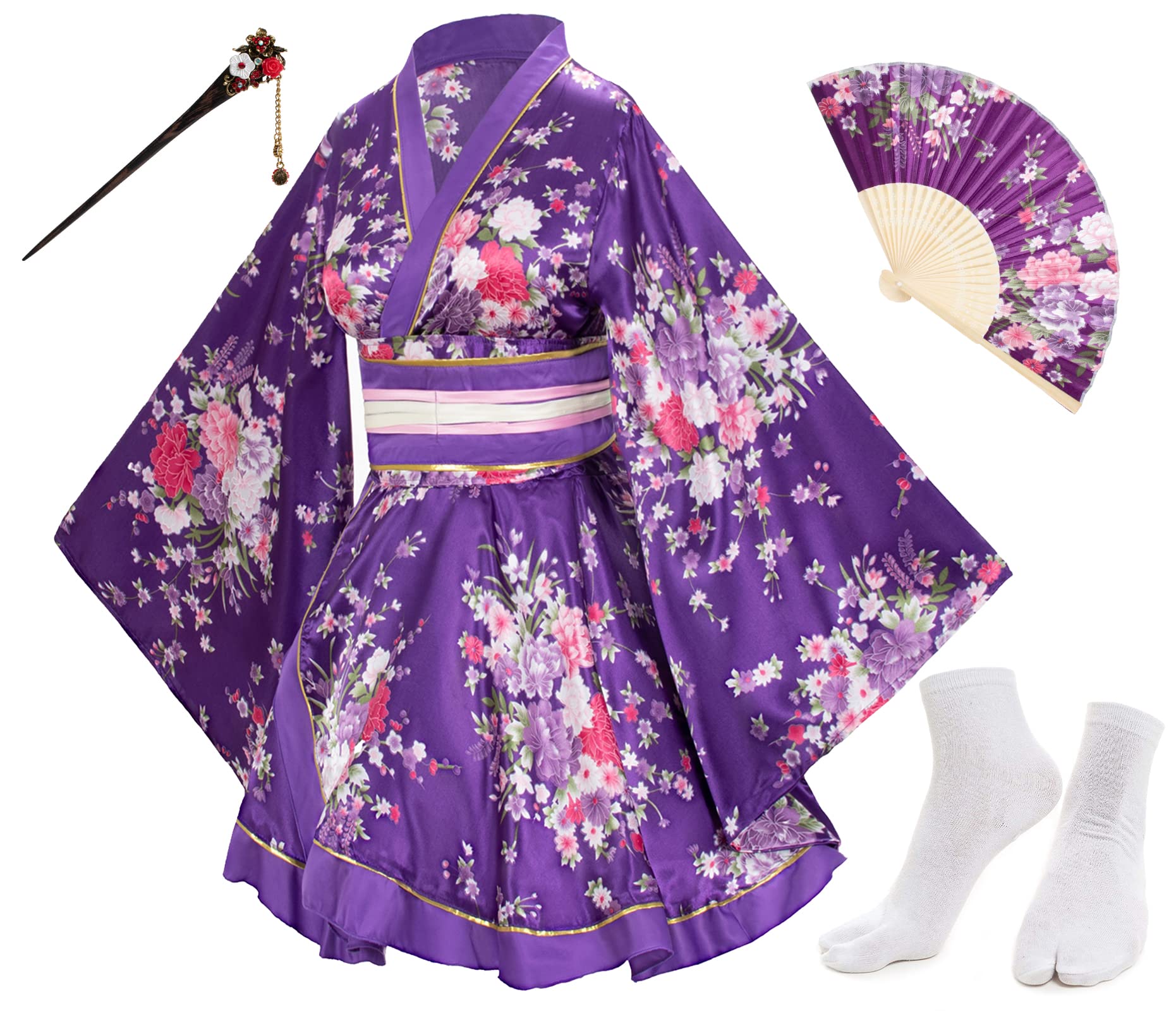Japanese Anime Women's Dance Kimono Robe Fancy Dress Hand Held Silk Folding Fans Tabi Hairstick Socks Set