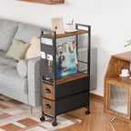 Small Narrow Side Tables for Small Spaces, Skinny Thin Bedside Nightstand End Table with Drawers&Wheels, Slim Tall Desk Magazine Rack with Storage Bag for Sofa Living Room Dorm Couch Bedroom