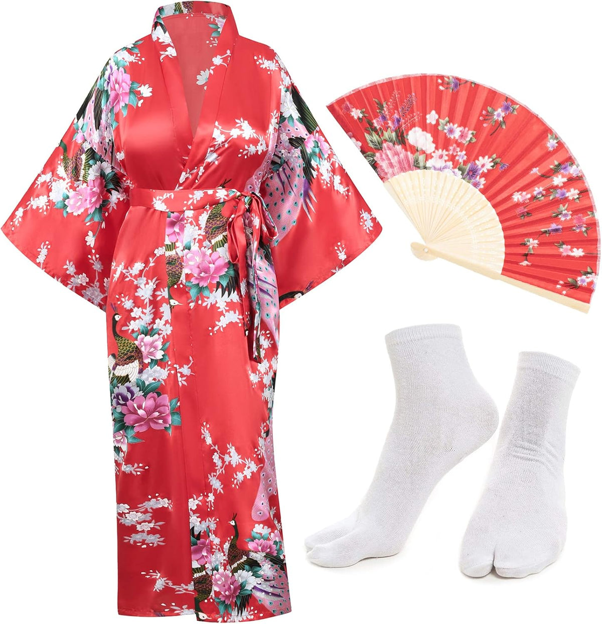 Heone Kimono Satin Peacock Printed Lightweight Cardigan Jacket Coat Yukata Cloak Bathrobe Tops folding Fans Tabi Socks Set