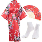 Heone Kimono Satin Peacock Printed Lightweight Cardigan Jacket Coat Yukata Cloak Bathrobe Tops folding Fans Tabi Socks Set