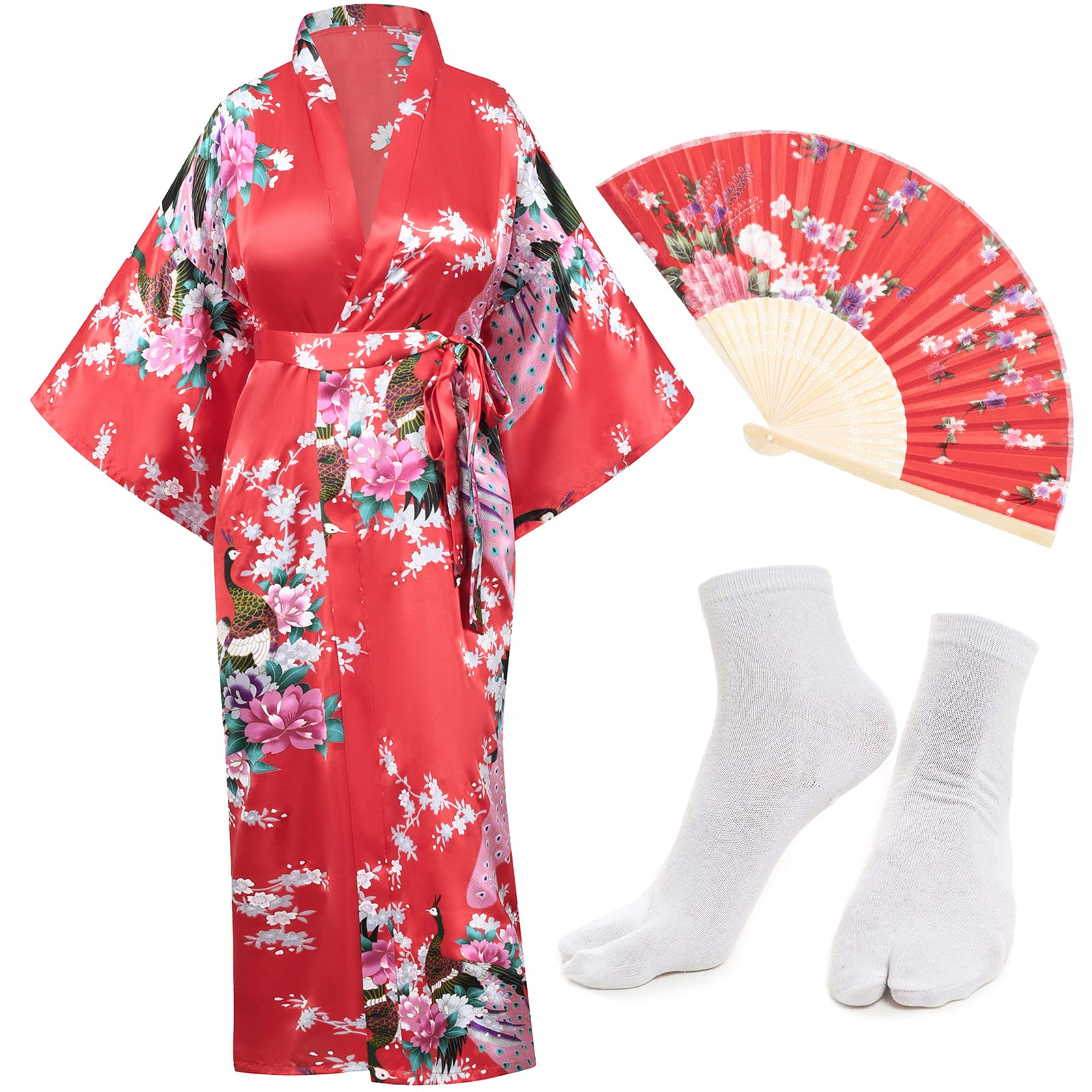 Heone Kimono Satin Peacock Printed Lightweight Cardigan Jacket Coat Yukata Cloak Bathrobe Tops folding Fans Tabi Socks Set