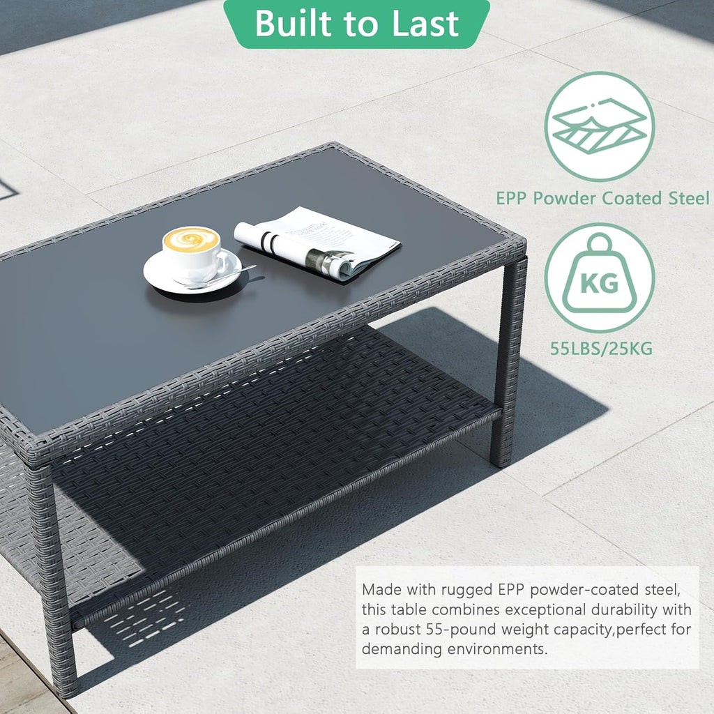 Helios&Hestia Rectangle All Weather Rattan Wicker Outdoor Coffee Side End Table with Glass Top for Patio, Deck, Backyard, Garden, Grey