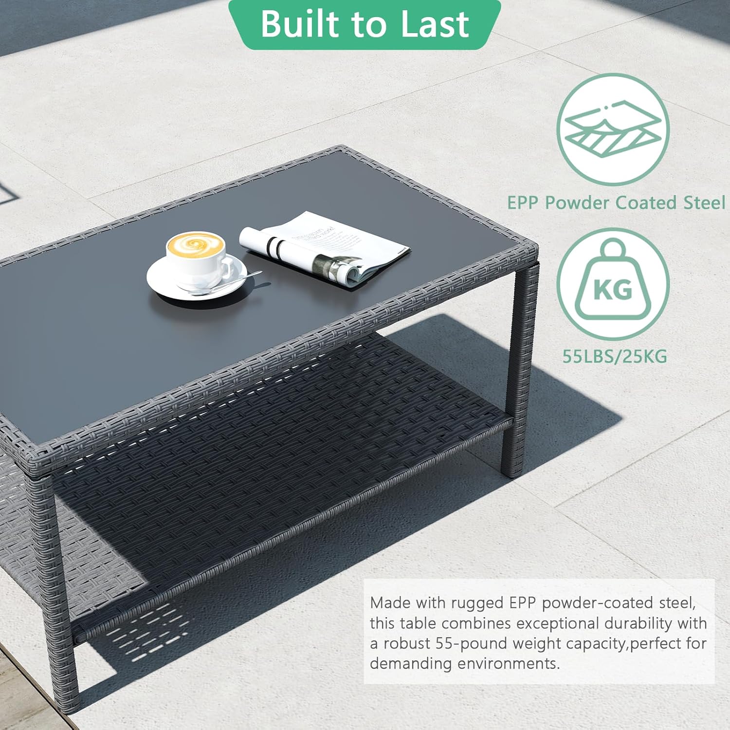 Helios&Hestia Rectangle All Weather Rattan Wicker Outdoor Coffee Side End Table with Glass Top for Patio, Deck, Backyard, Garden, Grey