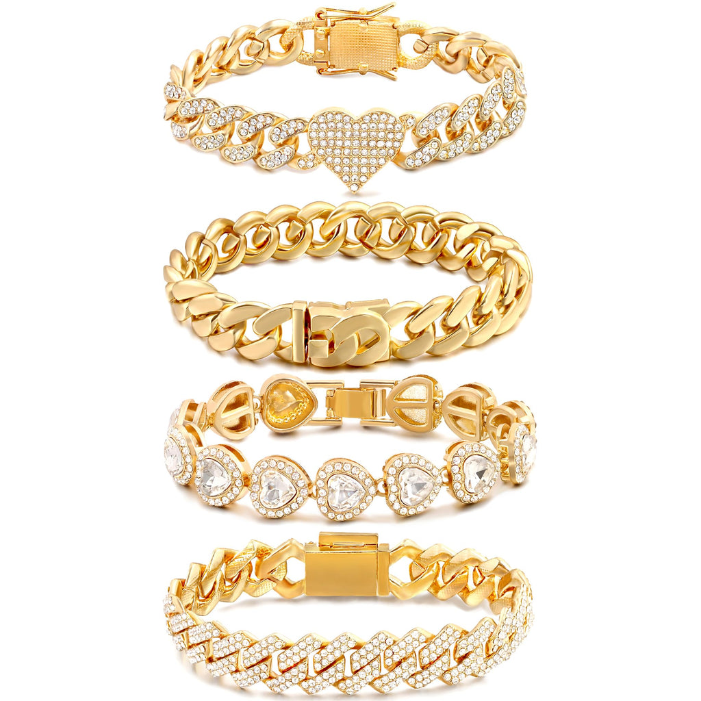 4PCS Gold Bracelets for Women Silver Clustered Tennis Bracelet for Women Heart Round Diamond Cuban Bracelet Layered Link Bracelet Set Fashion Jewelry for Women Set