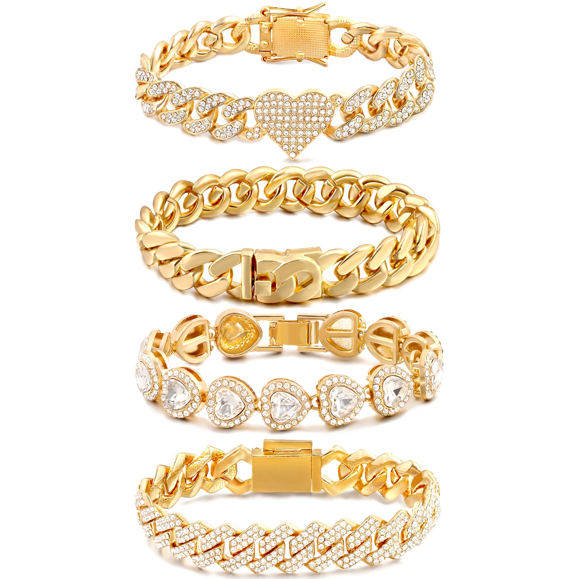 4PCS Gold Bracelets for Women Silver Clustered Tennis Bracelet for Women Heart Round Diamond Cuban Bracelet Layered Link Bracelet Set Fashion Jewelry for Women Set