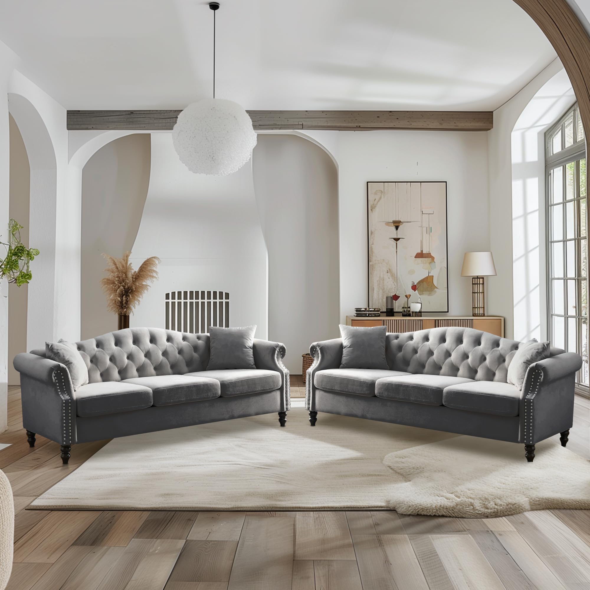 2 Piece Velvet Chesterfield Sofa,79" 3 Seater and 57" Loveseat Sofa Set,Button Tufted Nailhead Trimming Curved Backrest Rolled Arm (Grey, 79" 3 Seater and 57" Loveseat Velvet Sofa Sets)
