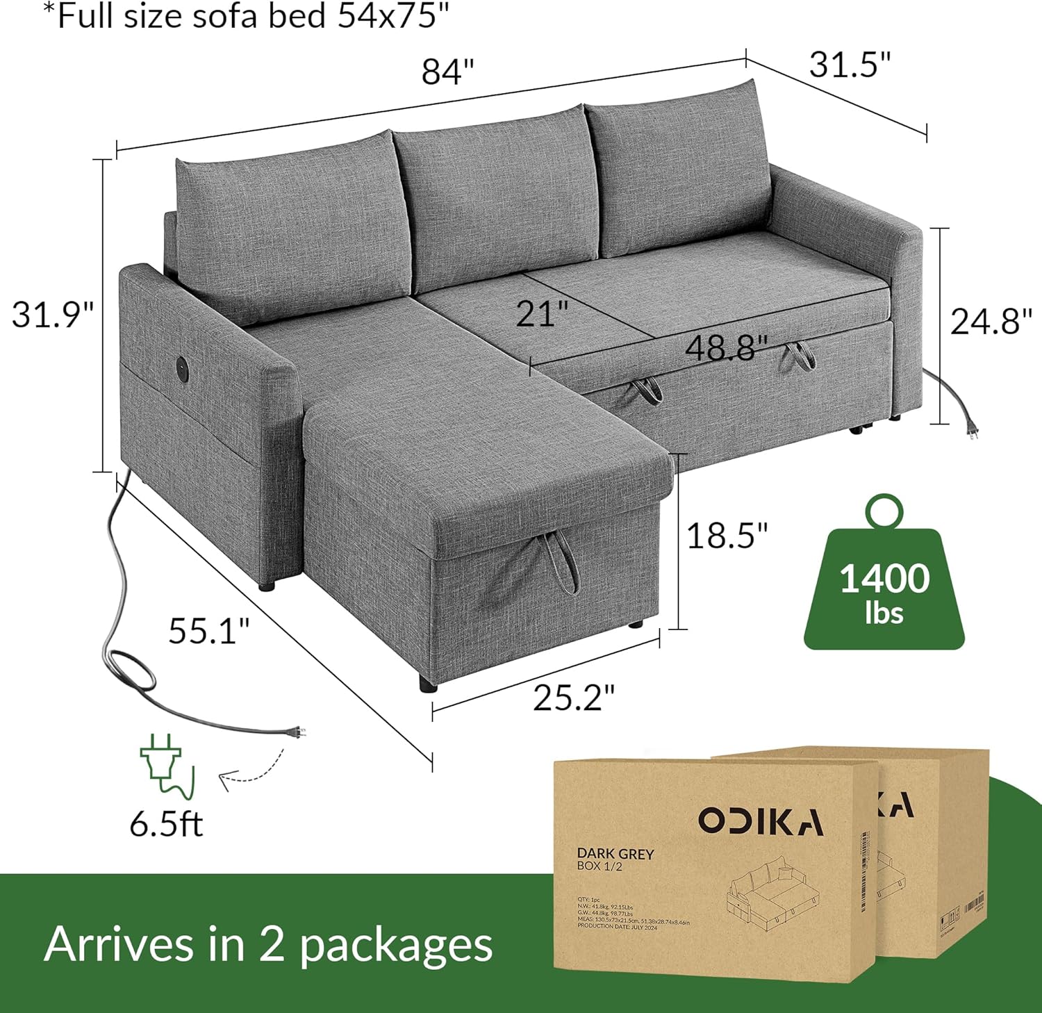 L Shaped Convertible Sleeper Sofa Bed, 84" Sectional Couch for Living Room - Pull Out Bed, Reversible Chaise with Storage, Dual USB-C Charging, Removable & Washable Dark Grey Linen Covers