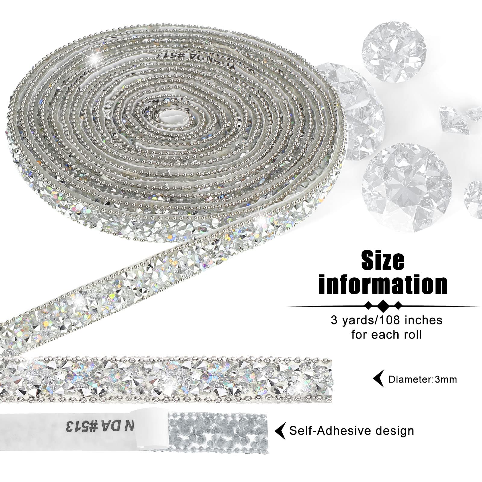 Hicarer 3 Yards Resin Rhinestone Ribbons Self Adhesive Diamond Crystal Ribbon Roll Glitter Resin Diamond Belt Bling Rhinestone for Wedding Shoes Clothing Decor(0.4 Inch,Silver AB Color)