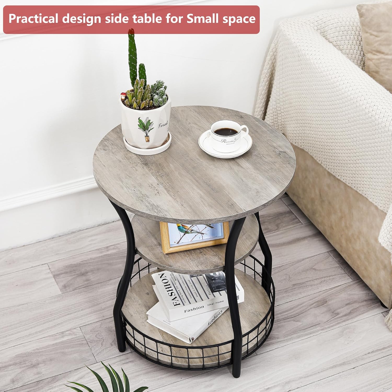 Small Side Table Round End Table with Storage Shelf Basket, 3-Tier Accent Corner Sofa Couch Side Tables Coffee Drink Table for Small Spaces,Round Nightstand for Living Room, Bedroom, Greige