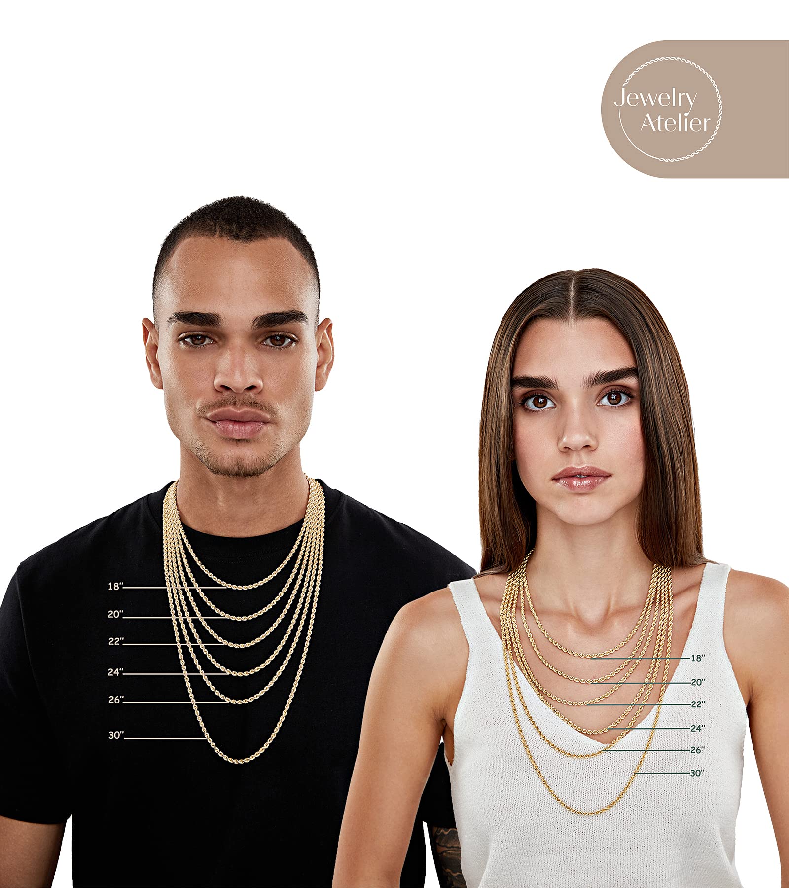 Jewelry Atelier Gold Chain Necklace Collection - 14K Solid Yellow Gold Filled Rope Chain Necklaces for Women and Men with Different Sizes (2.1mm, 2.7mm, or 3.8mm) - Grand Goldman