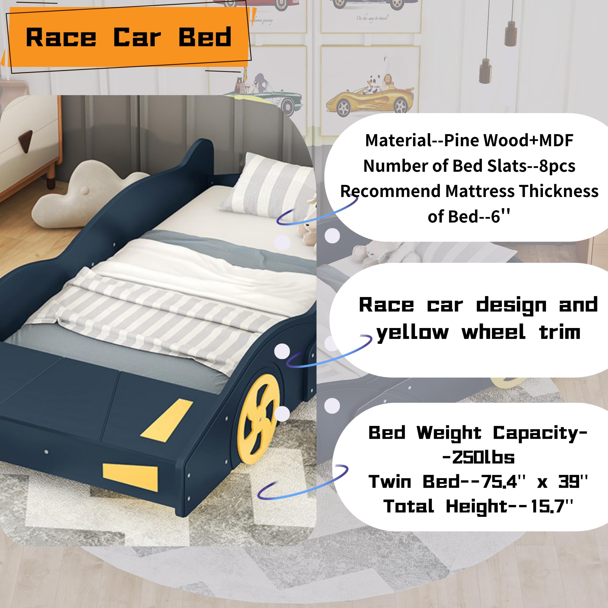 SOFTSEA Twin Size racerbilsformet seng med hjul, solid træsengeramme med opbevaring til børn, blå+gul