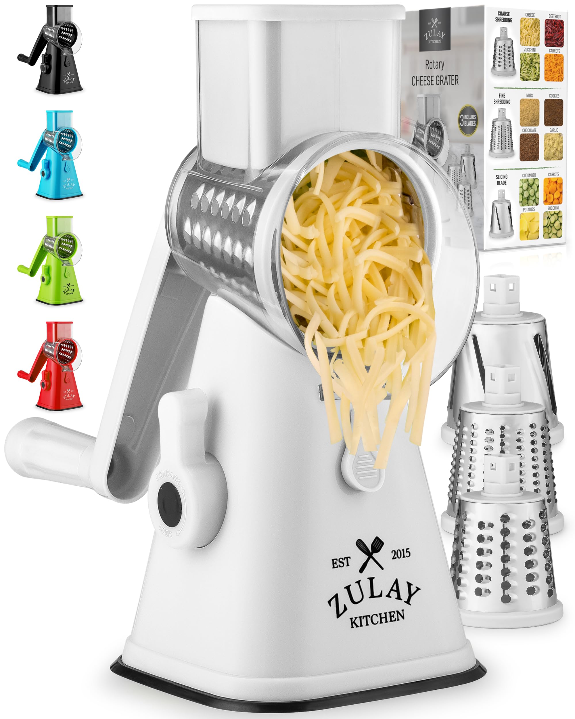 Zulay Rotary Cheese Grater 3 Blade Cheese Shredder - Manual Hand Crank Cheese Grater With Reinforced Suction & 3 Interchangeable Drums - Easy to Use Vegetable Chopper - Black