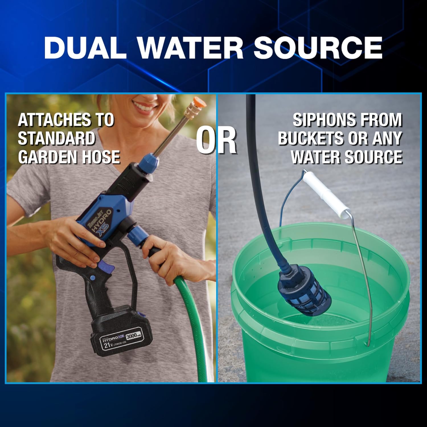 Ontel Turbo Jet HydroX5 Pro Portable Cordless Pressure Washer (21V 3000mAh Battery), 6-in-1 Nozzle, Dual Water Source, 16ft Detachable Hose