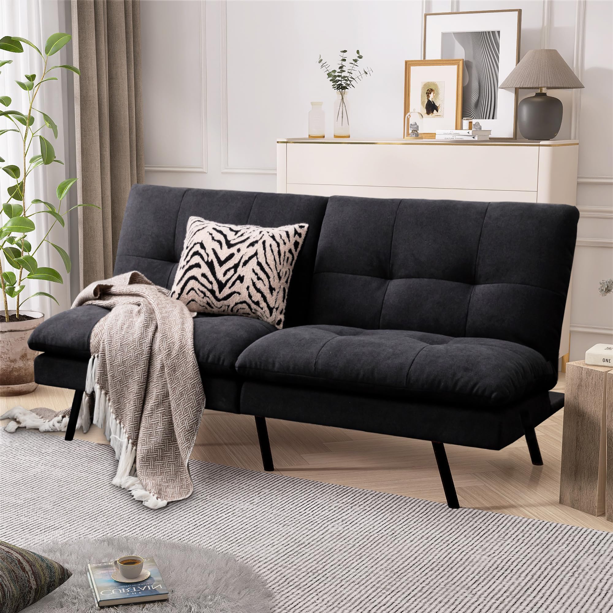 Convertible Faux Leather Futon Sofa Couch,Memory Foam Futon Couch Bed,Loveseat Sleeper Sofa Bed,Small Splitback Modern Folding Sofa Bed for Living Room,Office,Apartment,Matte Black
