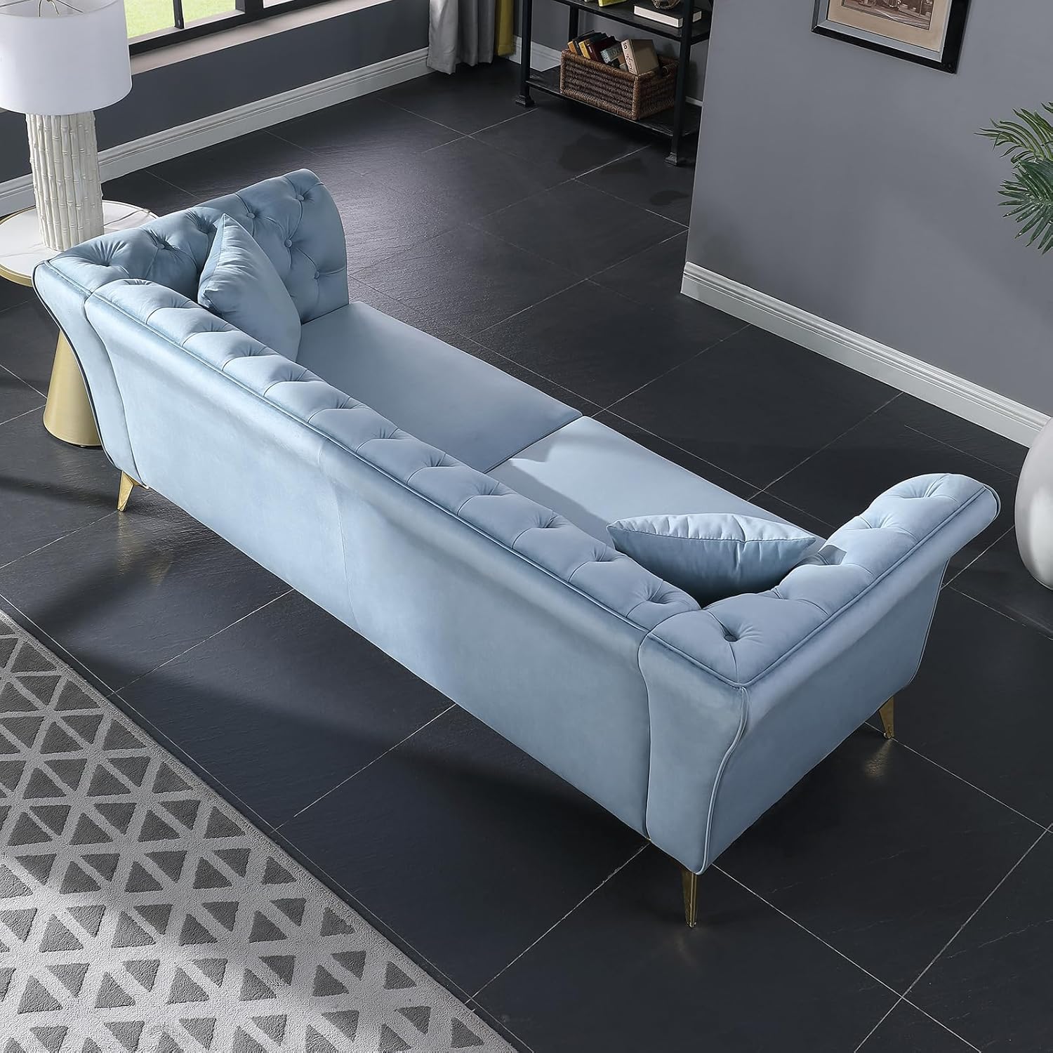 Chesterfield Sofa Couch, 87" Blue Modern Couch with Deep Seats, Velvet Fabric Comfy Sofas, Mid-Century 3 Seater Couch with Wide Armrest, Couches for Living Room, Bedroom and Office