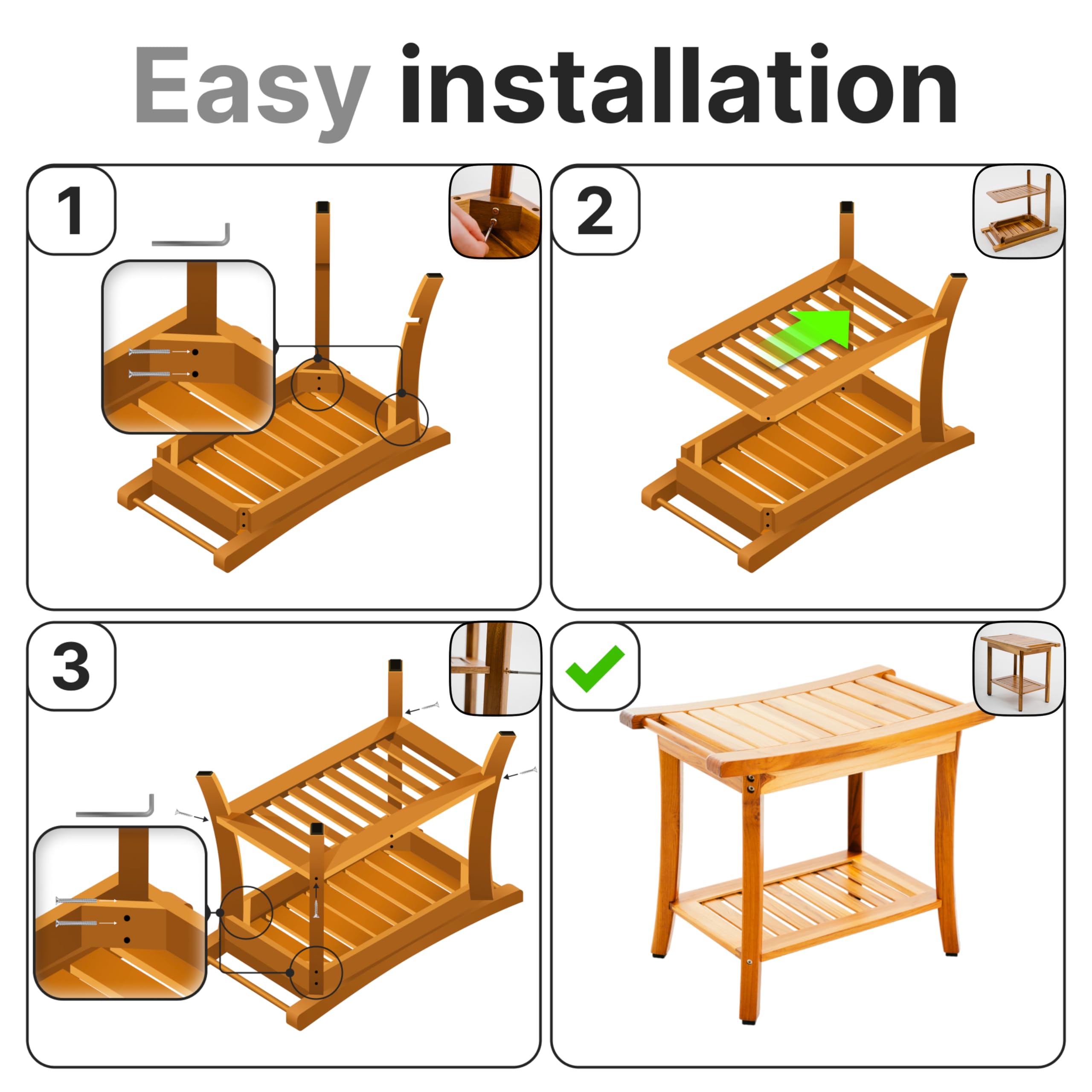 Teak Shower Bench Seat with Handles AB & Co Group, Portable Wooden Shower Bench with Storage Towel Shelf,Waterproof Teak Shower Stool, Spa Bath Shower Chair for Inside Outside Shower